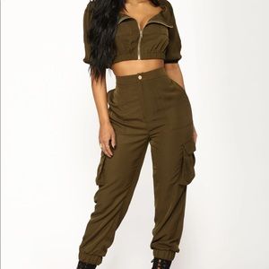 Military style silky matching co-ord set off the shoulder top and joggers